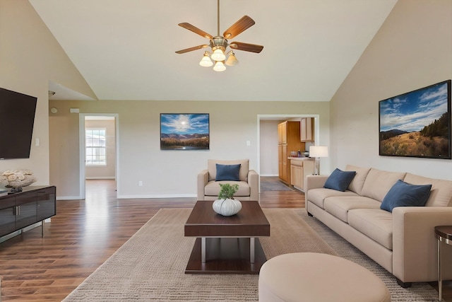 2405 Cason Ln, Lewisburg, TN 37091 - living room with wood finished floors, a ceiling fan, high vaulted ceiling, and baseboards