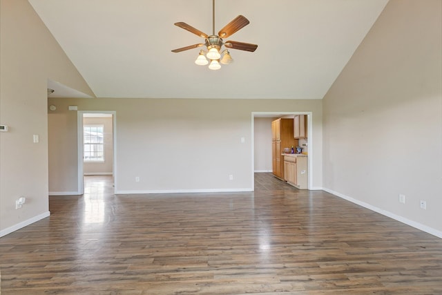 2405 Cason Ln, Lewisburg, TN 37091 - spare room with a ceiling fan, dark wood-style flooring, baseboards, and high vaulted ceiling
