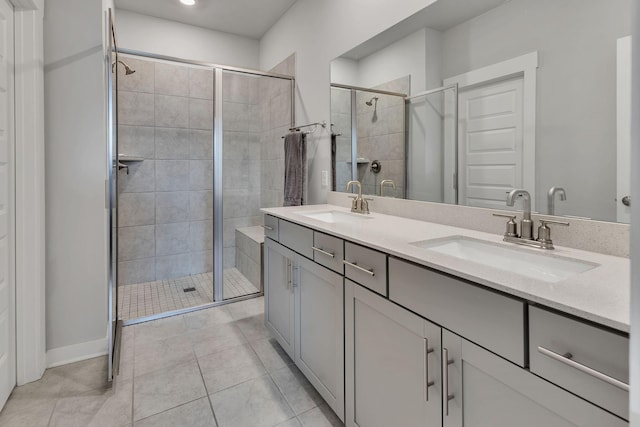416 Golden Meadow Ln, Hendersonville, TN 37075 - bathroom featuring a stall shower, double vanity, tile patterned flooring, and recessed lighting