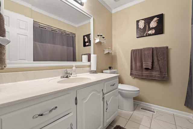 7111 Westview Blvd, Fairview, TN 37062 - bathroom featuring vanity, ornamental molding, toilet, marble look tile flooring, and baseboards