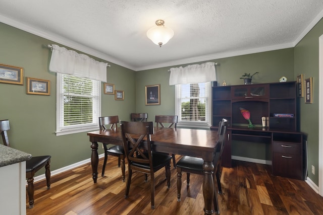 7111 Westview Blvd, Fairview, TN 37062 - dining space featuring healthy amount of natural light, ornamental molding, dark wood-style flooring, baseboards, and a textured ceiling
