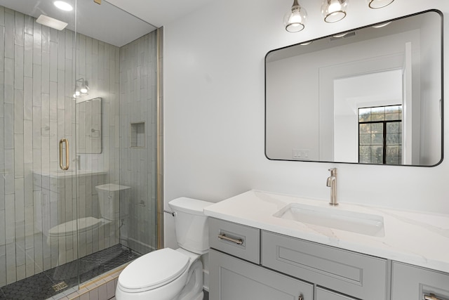 bathroom with toilet, a shower stall, and vanity