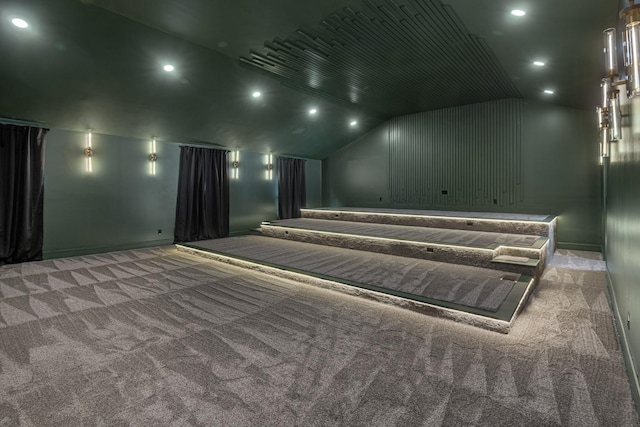 home theater with lofted ceiling, carpet, recessed lighting, and baseboards