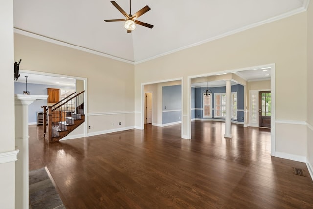 1769 Mayflower Dr, Columbia, TN 38401 - unfurnished living room featuring decorative columns, ceiling fan, dark wood-type flooring, stairway, and baseboards