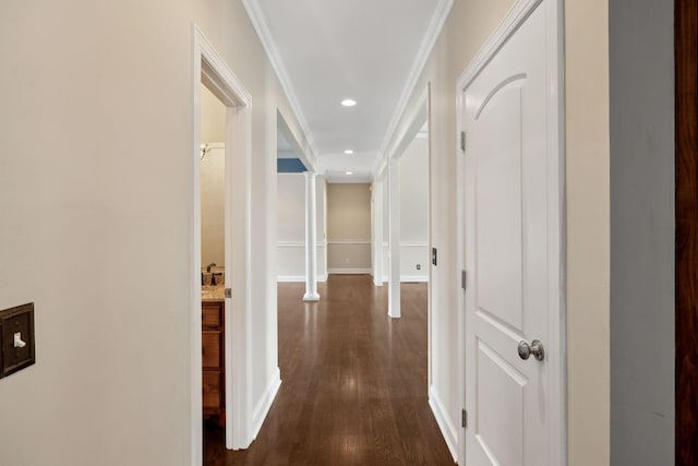 1769 Mayflower Dr, Columbia, TN 38401 - hallway featuring dark wood-style floors, crown molding, baseboards, and recessed lighting