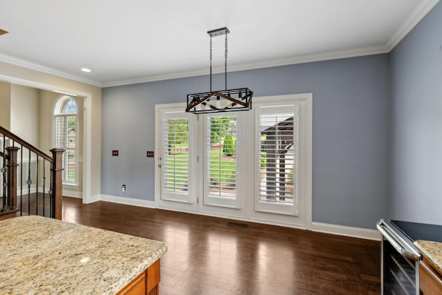1769 Mayflower Dr, Columbia, TN 38401 - dining space with a chandelier, dark wood-style floors, ornamental molding, stairway, and baseboards