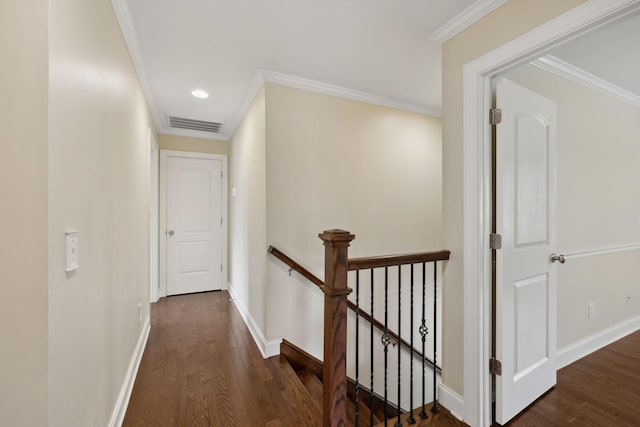1769 Mayflower Dr, Columbia, TN 38401 - hallway with an upstairs landing, wood finished floors, baseboards, ornamental molding, and recessed lighting