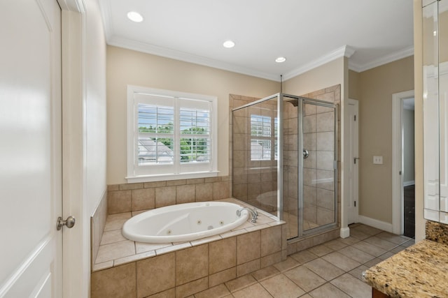 1769 Mayflower Dr, Columbia, TN 38401 - full bath with a jetted tub, a stall shower, tile patterned flooring, crown molding, and recessed lighting