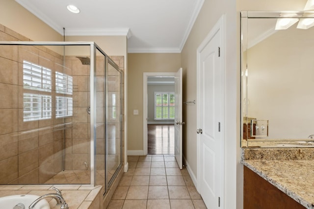 1769 Mayflower Dr, Columbia, TN 38401 - bathroom featuring a stall shower, vanity, crown molding, tile patterned flooring, and a garden tub