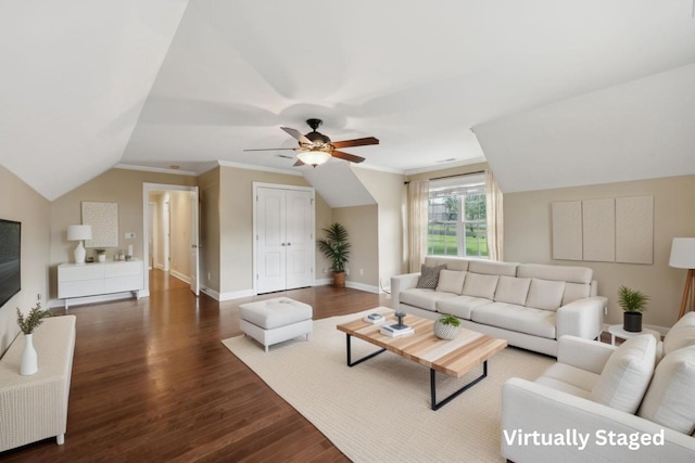 1769 Mayflower Dr, Columbia, TN 38401 - living area with ceiling fan, dark wood-type flooring, lofted ceiling, and baseboards