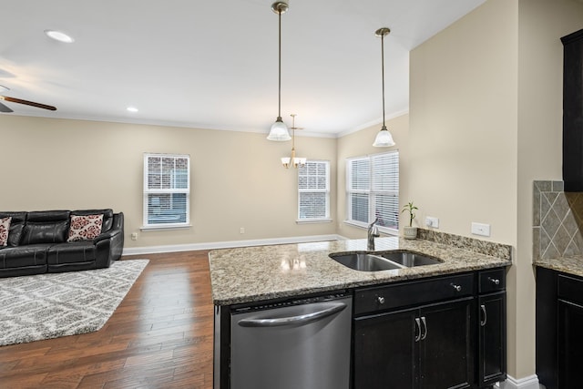 2044 Mainstream Dr, Franklin, TN 37064 - kitchen featuring dishwasher, a sink, open floor plan, dark cabinets, and crown molding