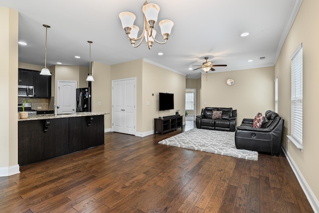 2044 Mainstream Dr, Franklin, TN 37064 - living room with ceiling fan, ornamental molding, dark wood-style flooring, baseboards, and recessed lighting