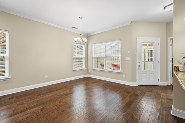 2044 Mainstream Dr, Franklin, TN 37064 - unfurnished dining area featuring a chandelier, ornamental molding, dark wood-type flooring, and baseboards
