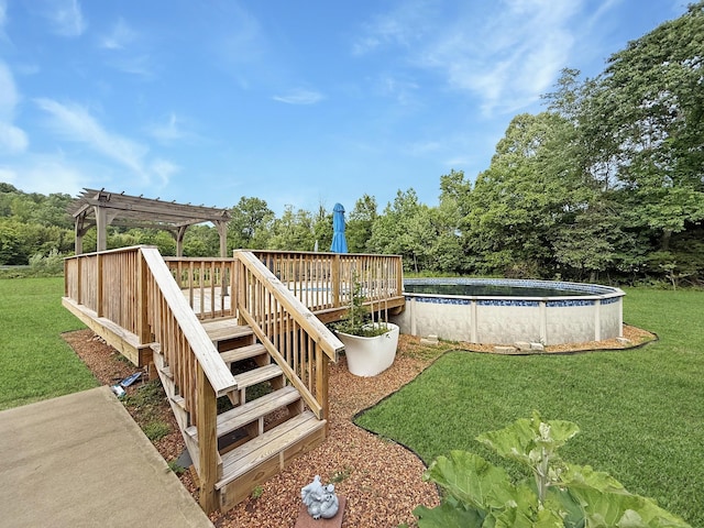 view of green lawn featuring an outdoor pool, a deck, a pergola, and stairway