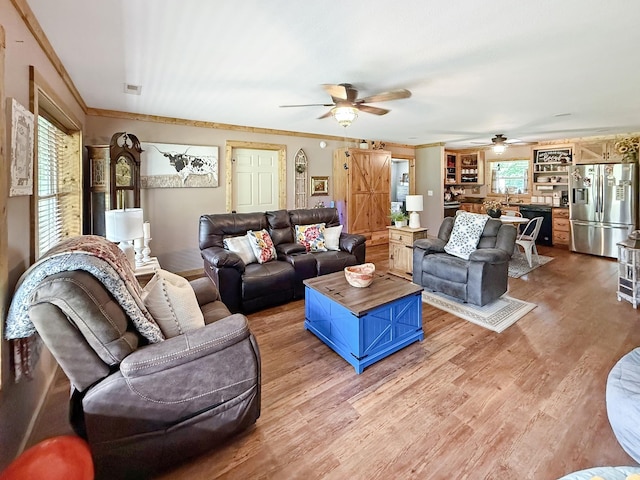 living room featuring a ceiling fan, healthy amount of natural light, light wood finished floors, and crown molding