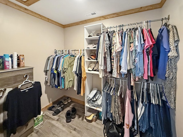 walk in closet with wood finished floors