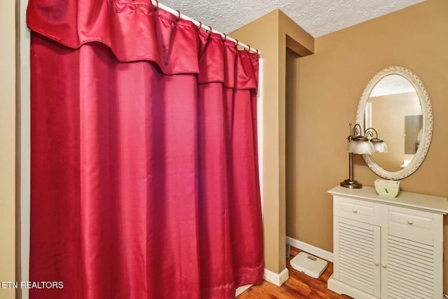 1729 Roslin Rd, Jamestown, TN 38556 - bathroom with wood finished floors, a textured ceiling, a shower with shower curtain, and vanity