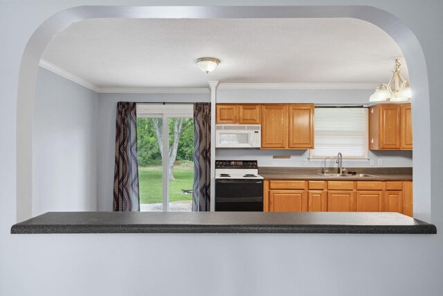 kitchen with white microwave, electric range, a sink, arched walkways, and crown molding