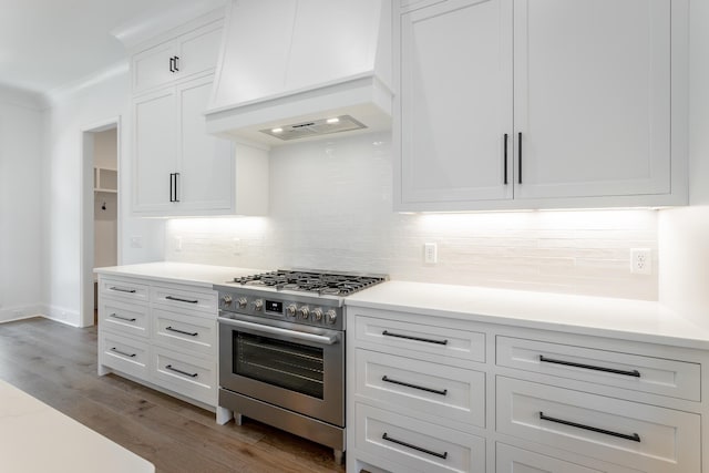 kitchen with stainless steel range with gas cooktop, custom exhaust hood, backsplash, white cabinets, and light countertops