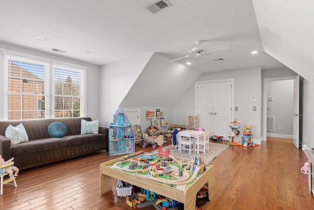 9727 Chestnut Hill Ln, Chattanooga, TN 37421 - game room featuring a ceiling fan, light wood-style flooring, recessed lighting, and lofted ceiling