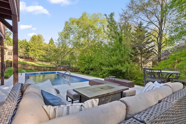 9727 Chestnut Hill Ln, Chattanooga, TN 37421 - view of swimming pool featuring an outdoor hangout area, a fenced backyard, a patio, and outdoor dining space
