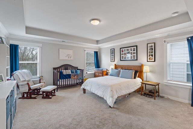 7587 Highborne Ln, Ooltewah, TN 37363 - bedroom featuring a tray ceiling, light colored carpet, and baseboards