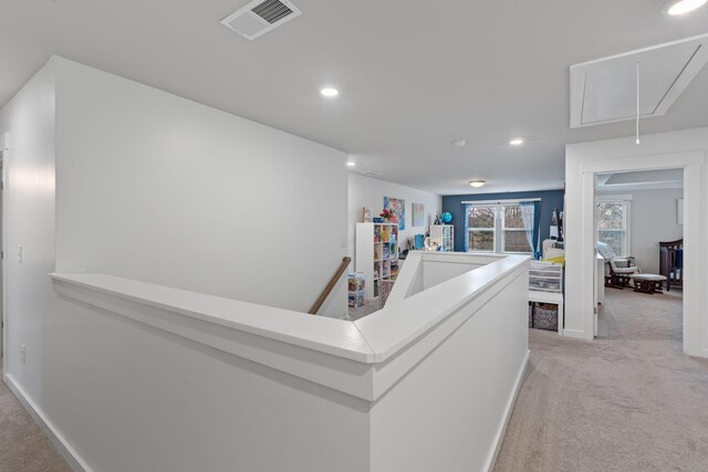 7587 Highborne Ln, Ooltewah, TN 37363 - hall with attic access, light carpet, recessed lighting, baseboards, and an upstairs landing