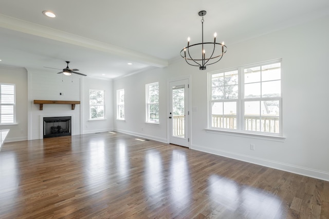 5008 Swan Rd, Chattanooga, TN 37416 - unfurnished living room featuring a ceiling fan, a chandelier, dark wood finished floors, a large fireplace, and recessed lighting