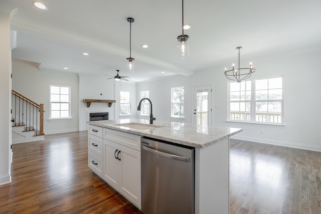 5008 Swan Rd, Chattanooga, TN 37416 - kitchen featuring dishwasher, open floor plan, a ceiling fan, dark wood-style floors, and recessed lighting