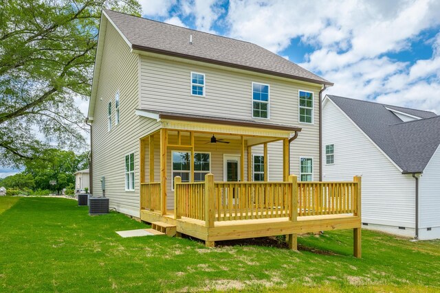 5008 Swan Rd, Chattanooga, TN 37416 - rear view of house with ceiling fan, a lawn, a wooden deck, and crawl space