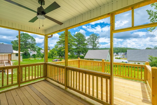 5008 Swan Rd, Chattanooga, TN 37416 - wooden terrace featuring a residential view, a ceiling fan, and a lawn