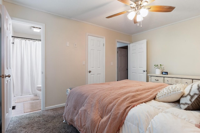 carpeted bedroom with ornamental molding, baseboards, a ceiling fan, and connected bathroom
