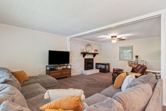 living room with ornamental molding, a brick fireplace, a ceiling fan, and carpet