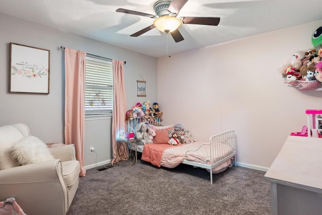 bedroom featuring carpet, ceiling fan, and baseboards