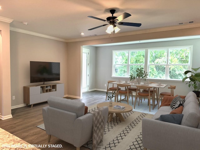 122 Blake Ln, Mount Juliet, TN 37122 - living room with crown molding, wood finished floors, baseboards, ceiling fan, and recessed lighting