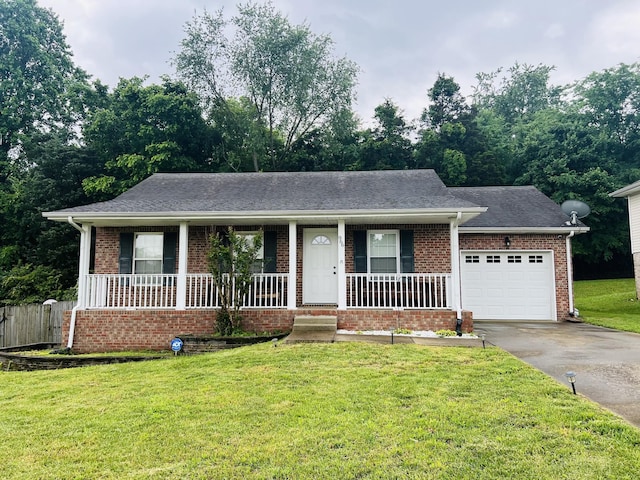 single story home featuring driveway, a porch, a garage, and brick siding
