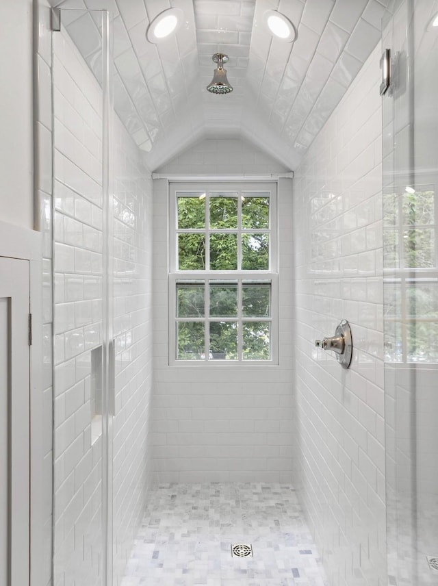 215 Lewisburg Ave, Franklin, TN 37064 - bathroom featuring a stall shower and vaulted ceiling