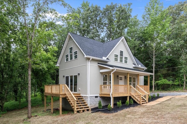 1014 Promise Land Rd, Charlotte, TN 37036 - modern farmhouse with stairway, roof with shingles, and covered porch