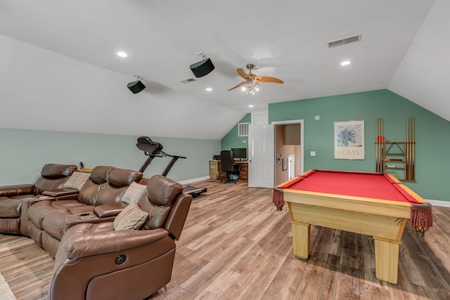 212 Spirit Hill Cir, Smyrna, TN 37167 - game room with vaulted ceiling, a ceiling fan, light wood-style floors, baseboards, and billiards table
