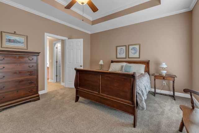 212 Spirit Hill Cir, Smyrna, TN 37167 - bedroom featuring light colored carpet, baseboards, ornamental molding, a tray ceiling, and a ceiling fan