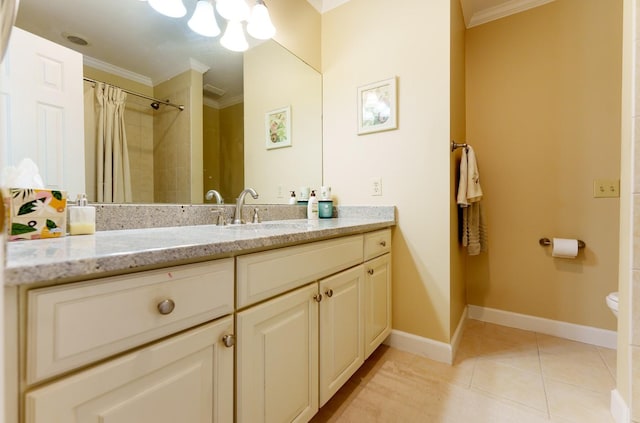 full bath with crown molding, toilet, baseboards, vanity, and tile patterned flooring