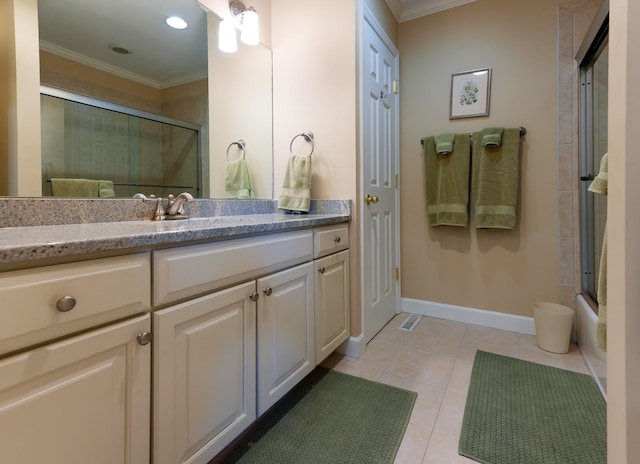 bathroom featuring crown molding, tile patterned flooring, vanity, baseboards, and recessed lighting