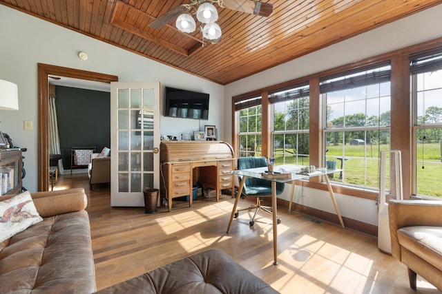 3310 Booker Ridge Rd, Mount Pleasant, TN 38474 - office with wooden ceiling, vaulted ceiling, a ceiling fan, light wood-style floors, and baseboards
