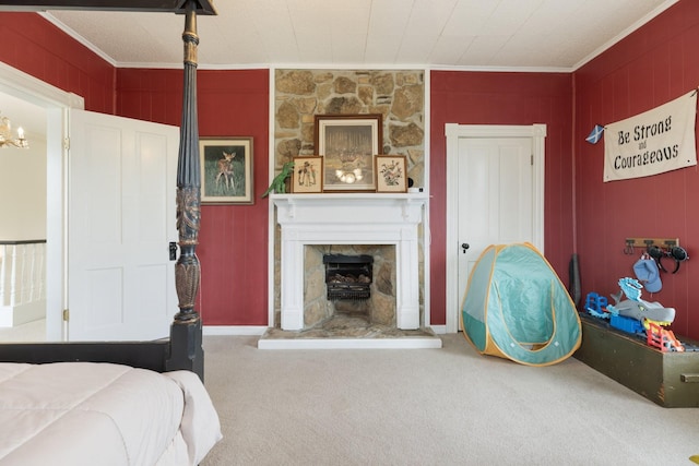 3310 Booker Ridge Rd, Mount Pleasant, TN 38474 - carpeted bedroom with crown molding and a fireplace