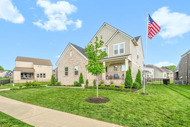 view of front of home featuring board and batten siding, cooling unit, a residential view, and brick siding