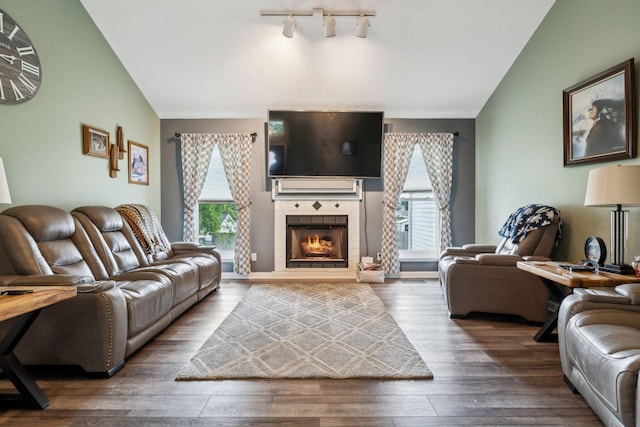 living room featuring lofted ceiling, wood finished floors, a tile fireplace, and rail lighting