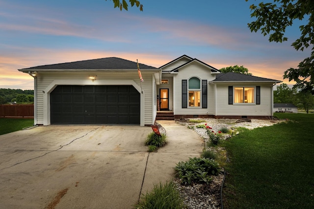 ranch-style home with an attached garage, concrete driveway, crawl space, and roof with shingles