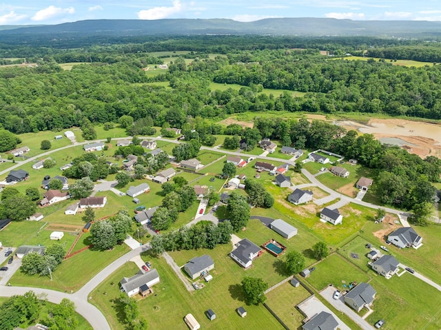 aerial view of a mountain backdrop and a heavily wooded area