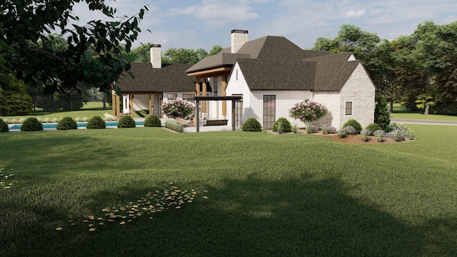 7007 Belcastle Ln, College Grove, TN 37046 - view of front of home with a chimney, a front lawn, roof with shingles, and stone siding