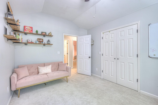 114 Moonlight Dr, Gallatin, TN 37066 - living area with lofted ceiling, carpet floors, a ceiling fan, and baseboards